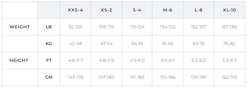 Manera Woman Size Chart